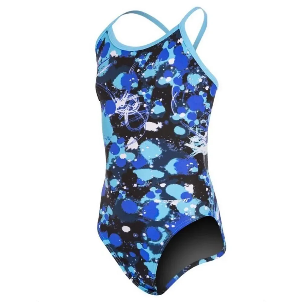 Sporti Youth 28 Paint Splatter Thin Strap One Piece Swimsuit Blue
